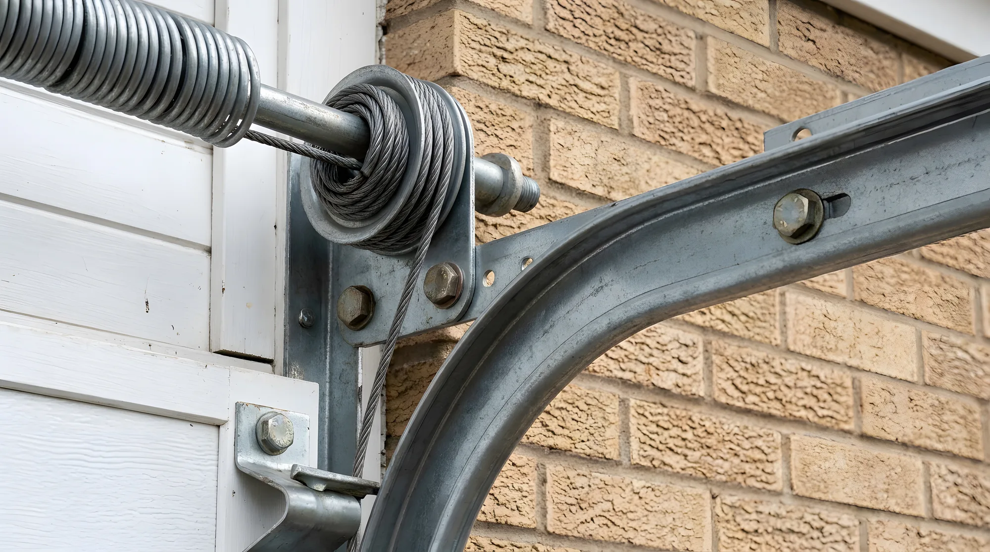 Garage door lift cable wound on its drum beside the torsion spring, mounting bracket, and curved track against a brick wall
